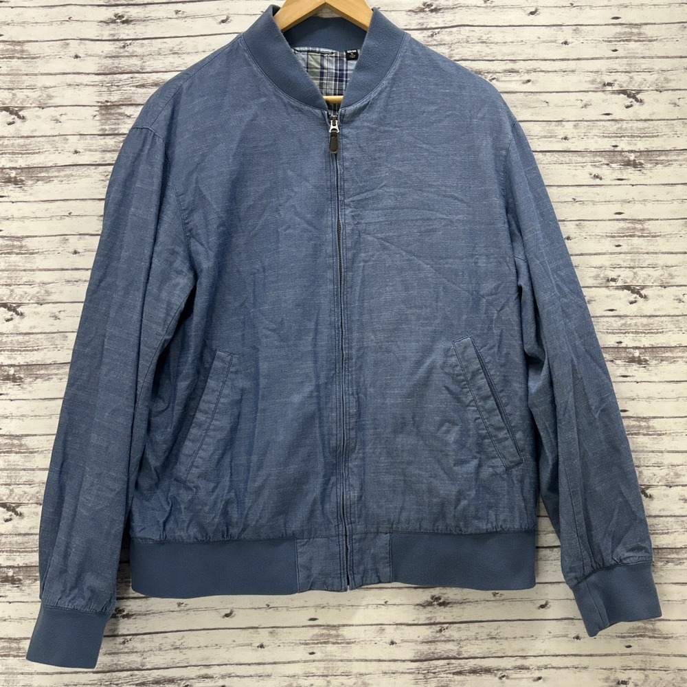 Uniqlo Bomber Jacket Men's XL Casual Lightweight Full Zip Blue Chambray
